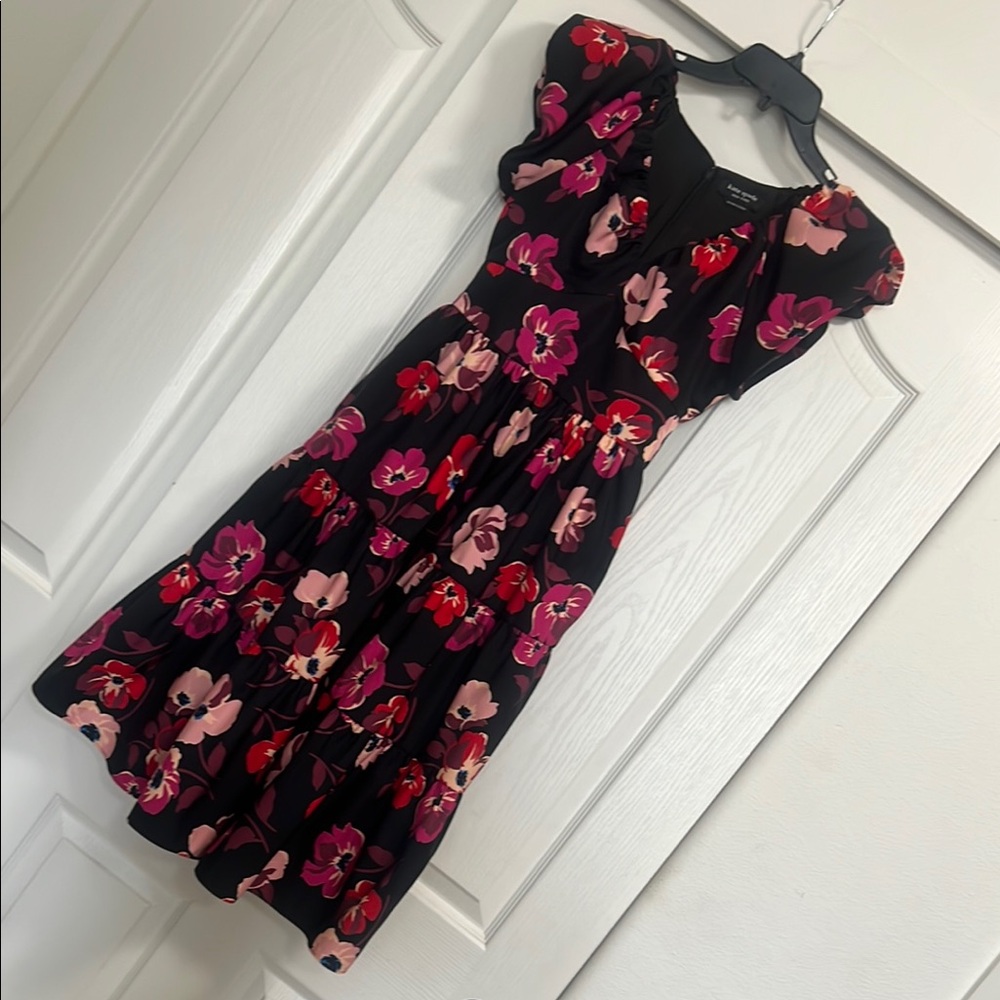 Kate Spade Fall Poppies Black Floral Midi Dress size XS